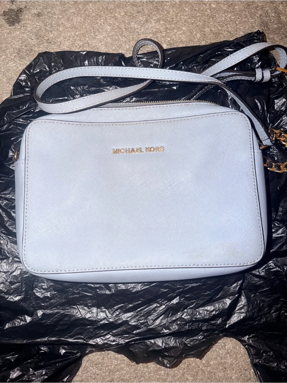 Michael Kors Pale Blue Saffiano Crossbody Bag with Gold Hardware